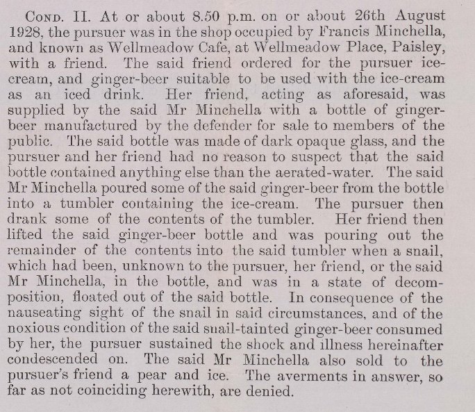 Image shows an extract from the Closed Records in claim by May McAllister or Donoghue against David Stevenson, 1929. National Records of Scotland reference: CS252/2299.